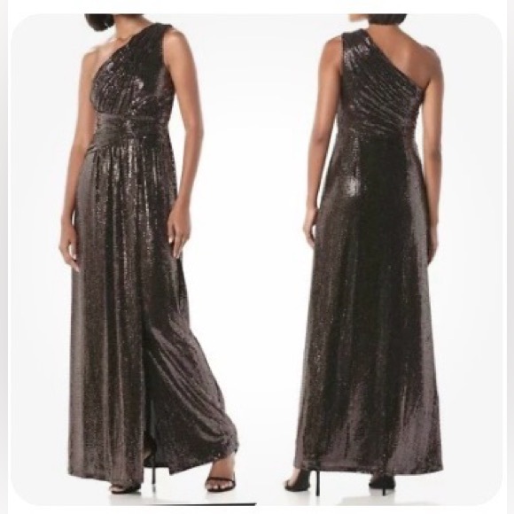 Calvin Klein Copper Sequined One Shoulder High Slit Floor Length Dress Gown - Picture 1 of 12
